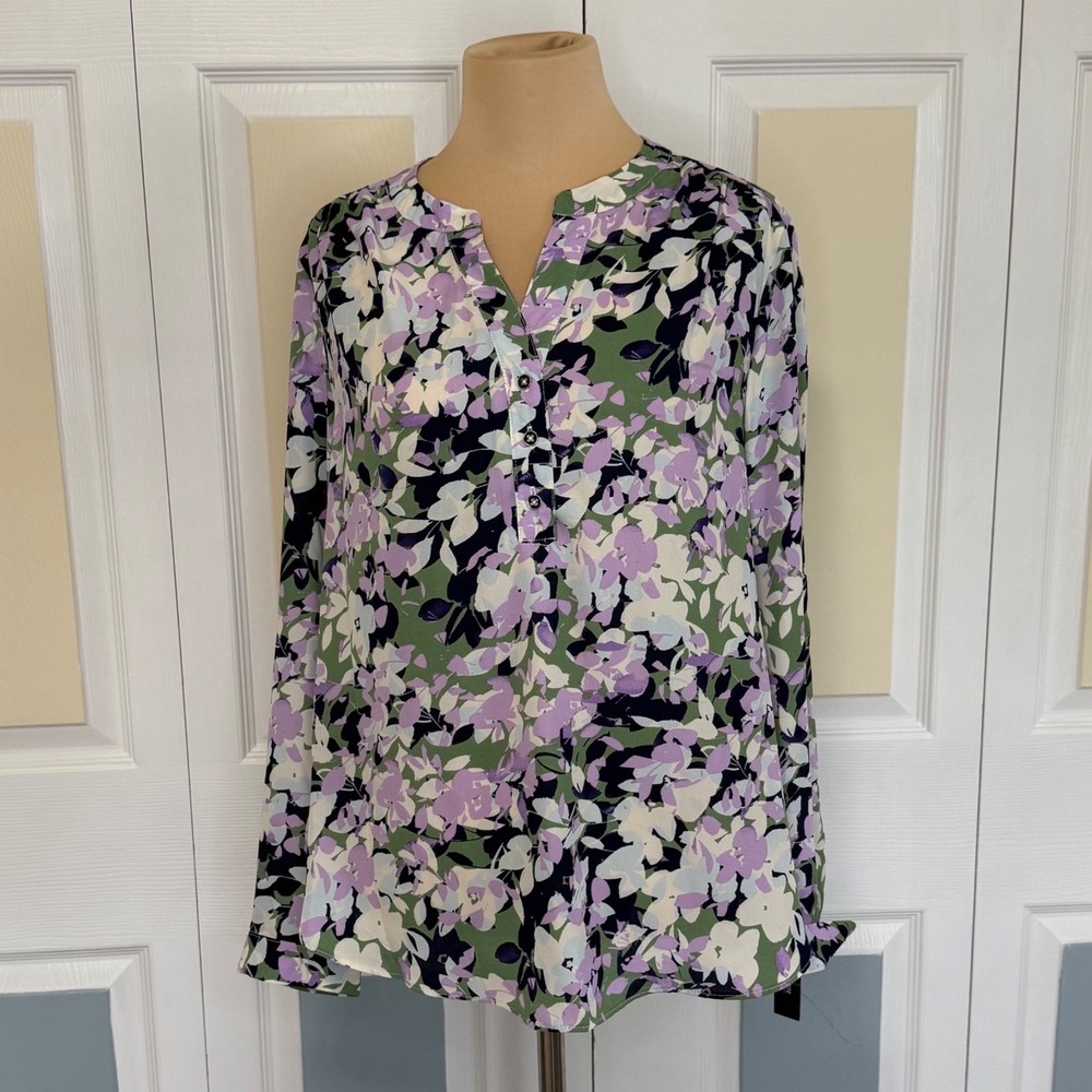 Zac & Rachel Petite Floral Blouse Purple Green Long Sleeve Split Neck Top PL